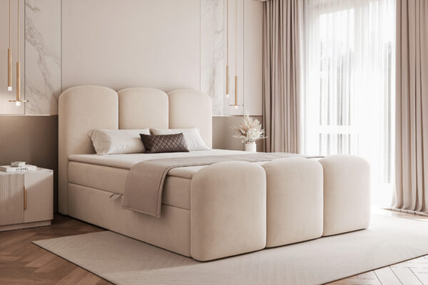 Kontinentinė lova Juvele su minkštu galvūgaliu ir patalynės dėžėmis