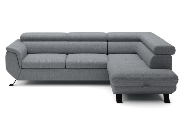 Minkštas kampas Ravello L su 125 × 193 cm miegamąja vieta, DELFIN mechanizmu ir reguliuojamomis galvos atramomis